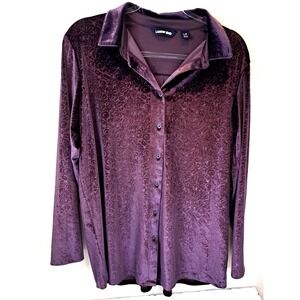 Lands' End‎ Faux Velour Button Up Shirt Top Womens L Purple Cozy Textured Floral